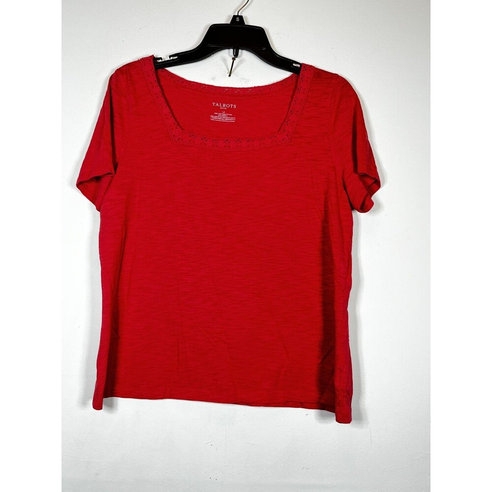 Talbots Shirt Womens Petite Large LP Red Square Neck Crochet Short Sleeve Top